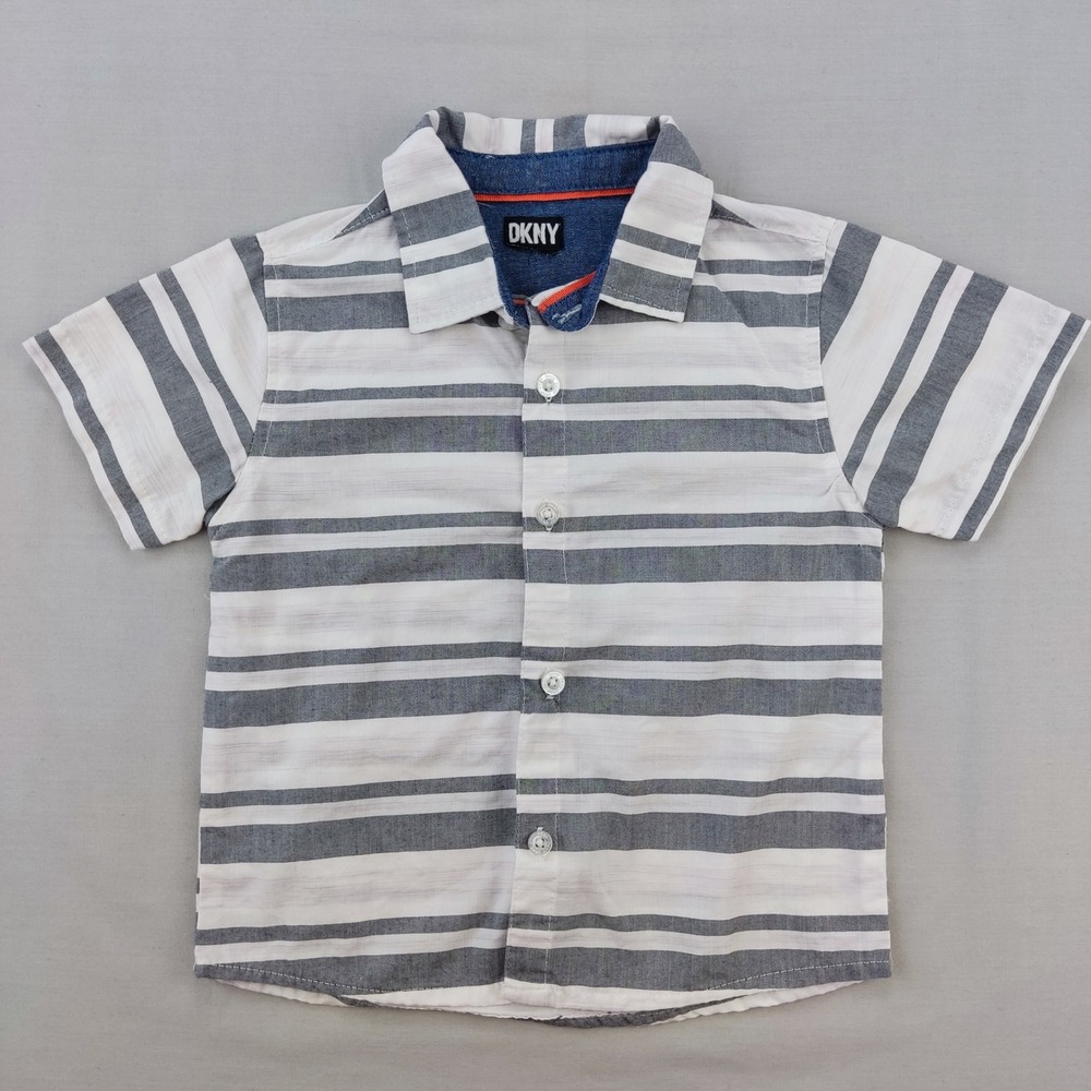 DKNY Button Down Shirt Boys 4 Grey White Striped Short Sleeve Casual Top